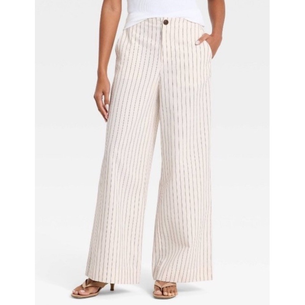 A New Day Women's White/Black Striped Straight Leg Linen/Rayon Trousers, Size 10
